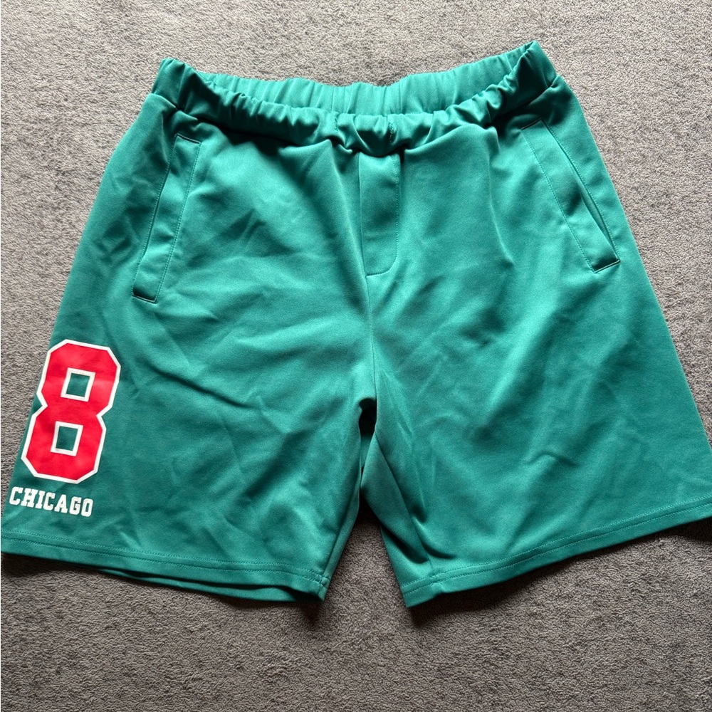 SHEIN Teal Athletic Shorts with Red Number Print